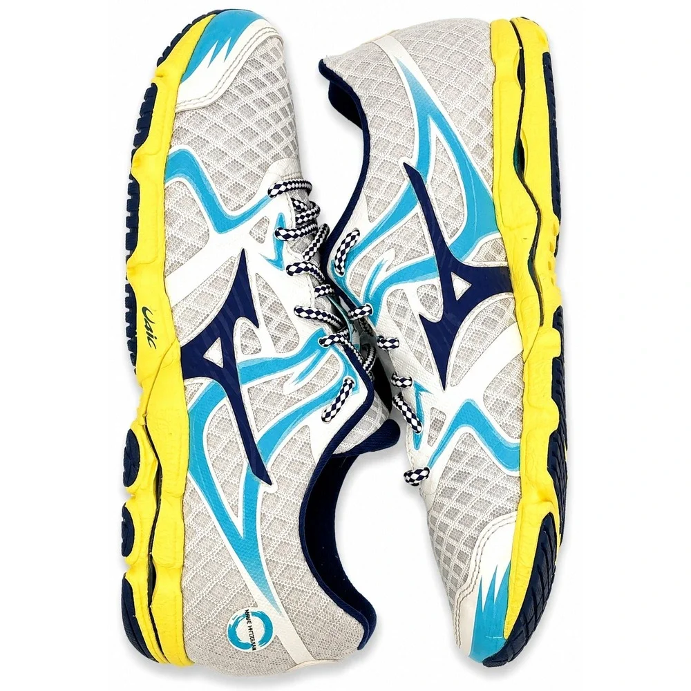 Mizuno Wave Hitogami Womens Size W6.5 White Blue Yellow Running Shoes J1GB148016